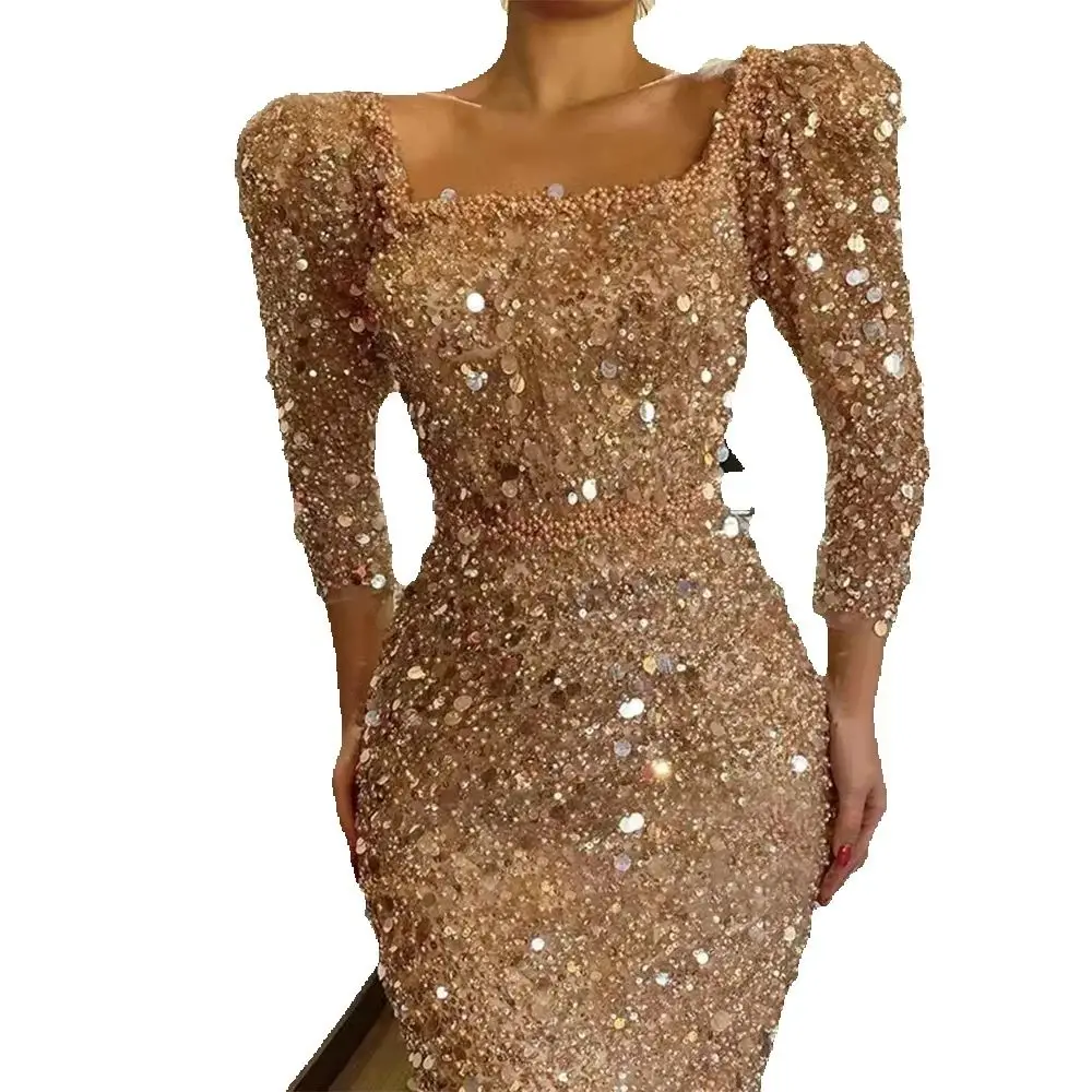 Elegante champagnegrijze avondjurken pailletten zeemeermin enkellange kralen vierkante kraag halve mouwen slimme dames galajurken