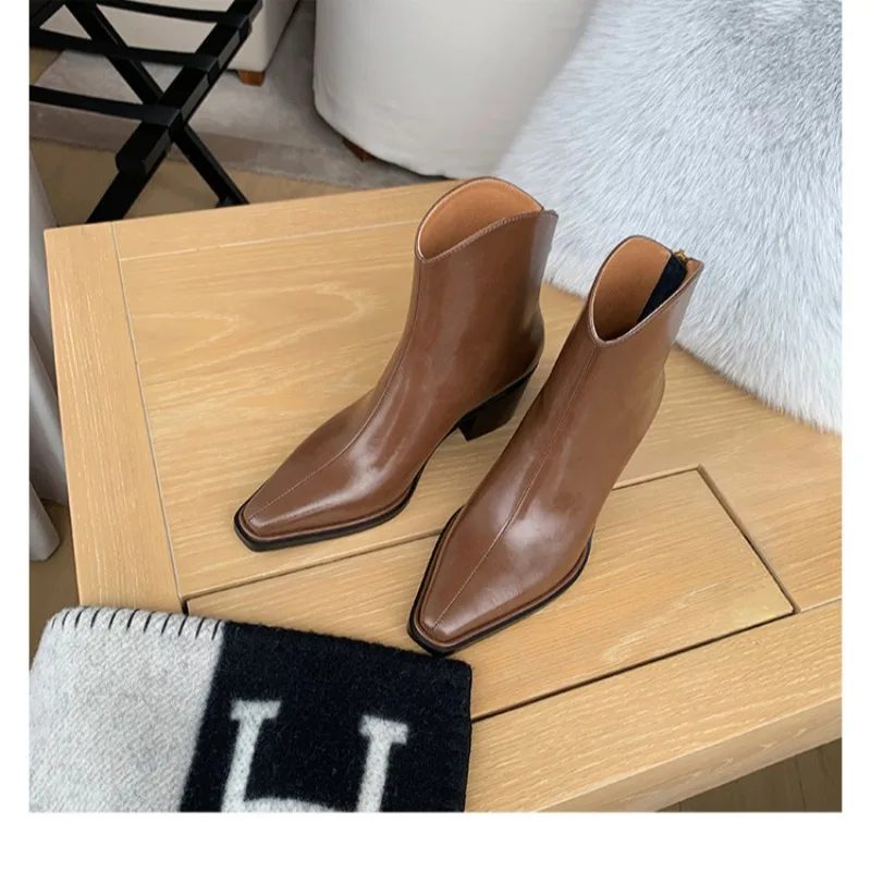 New Pointed End V-mouth Rear Zipper Women's Short Boots Fashion Black White Simple Thick Heel  Western Chelsea Boots Ankle Boots image 4