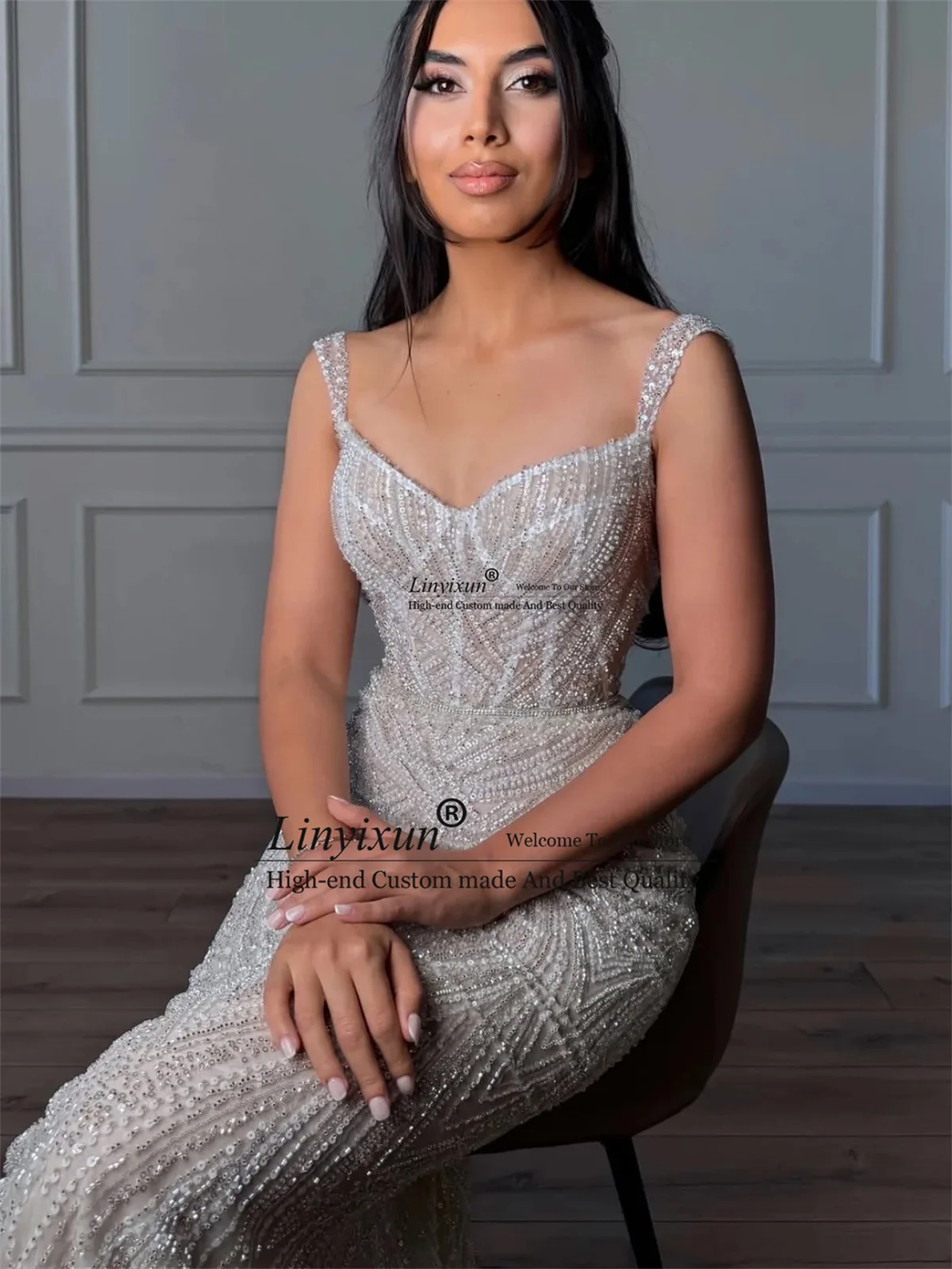 ชุดราตรีทรงเมอร์เมดแบบอาหรับ ประดับคริสตัล งานเลี้ยงกลางคืน งานกาล่า ชุดราตรีเซ็กซี่แบบ Aso Ebi  สามารถสั่งตัดได้ พร้อมชายกระโปรงยาว