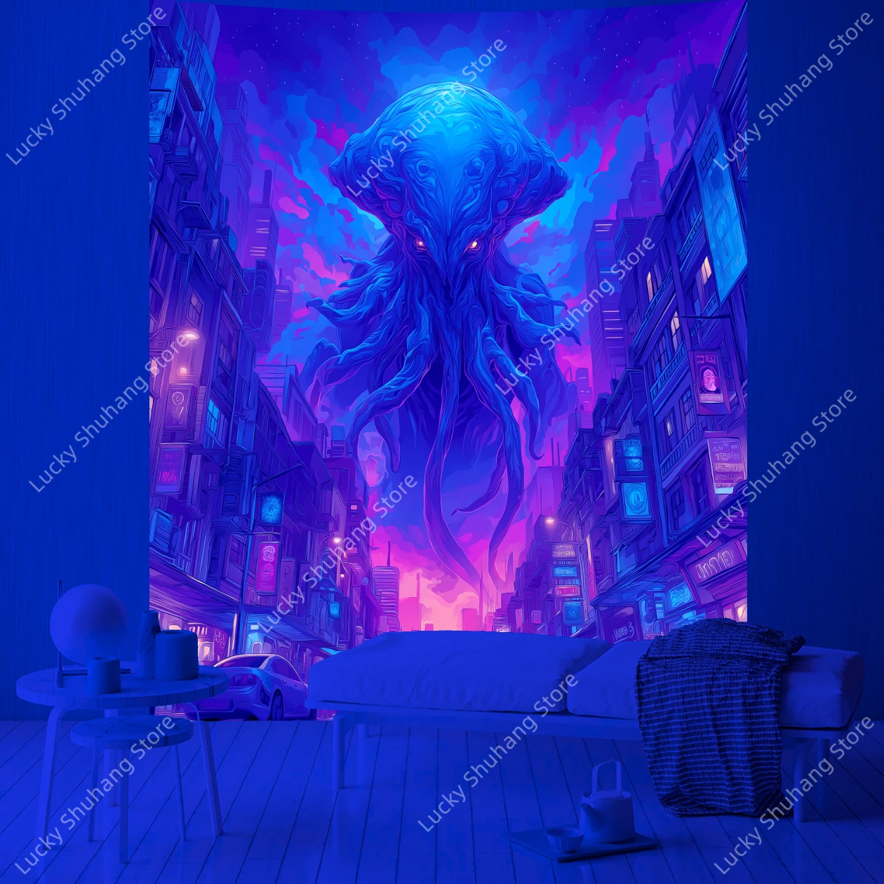 Giant Glowing Octopus Monster UV Tapestry Sci Fi Urban Fantasy Wall Art for Living Room Bedroom Decor Cosmic Creature Hanging