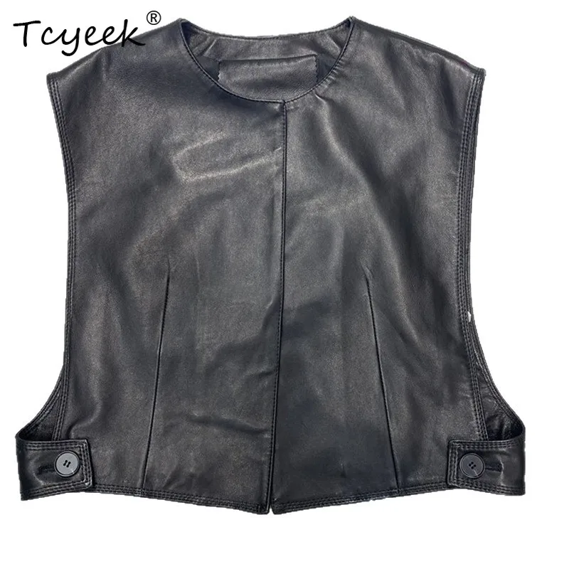 Tcyeek Genuine Leather Sheepskin Vest Women Spring Autumn Clothes High End Sleeveless Jacket Short Black Coffee Womens Vests