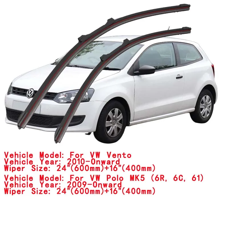 For VW Volkswagen Vento Polo MK5 6R 6C 61 Saloon Sedan 2009 2010 2011 2012 2016 2018 2019 Double Rubber Wiper Blades Colorful
