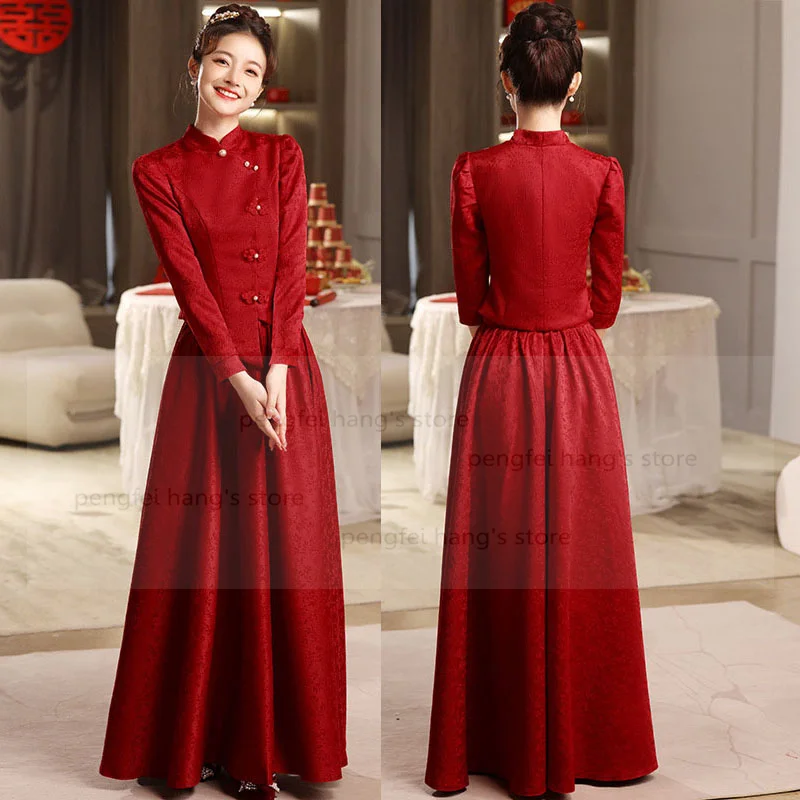 

Jacquard Flower Chesongam Chinese Style Bride Wedding Banquet Dress Qipao Top&pleated Skirt Elegant Hanfu Costume Vintage Dress