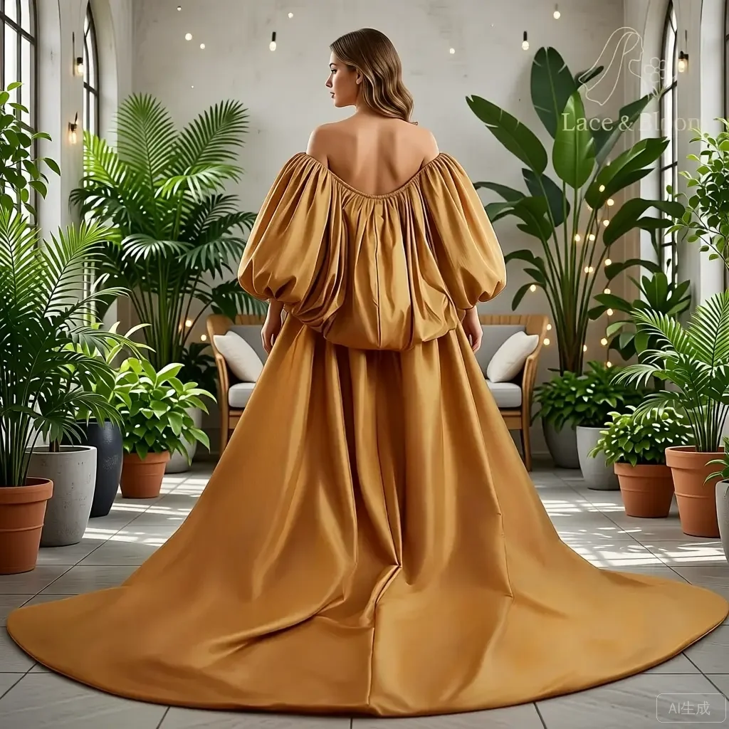 

Elegant Gold Satin Gown with Dramatic Balloon Sleeve Cape Luxury Evening Dress for Weddings Red Carpet Events Plus Size
