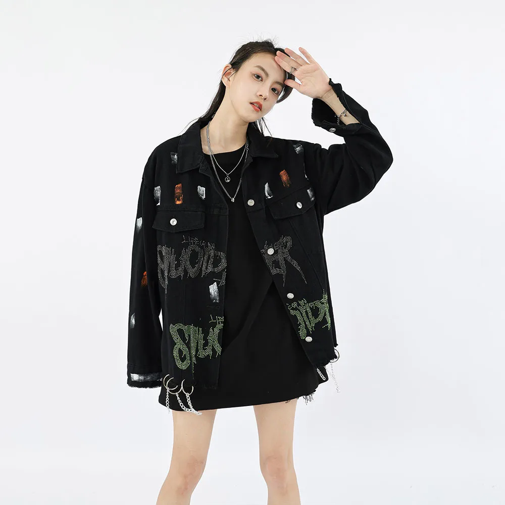 

Personality Denim Jacket Women's Letter Printed Lapel Broken Hole Burrs Fashion With Chain Jean Coats For Female Autumn 2023 New