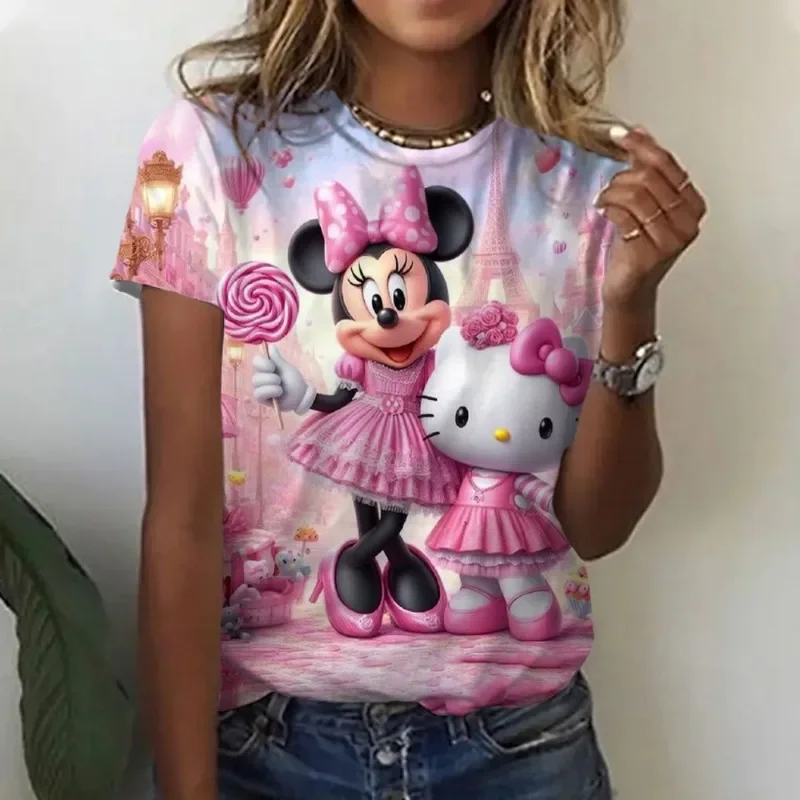 Women's Disney Minnie Mouse T-shirt Casual Girl Short Sleeved Cartoon Top Woman Breathable Sports Shirt Soft Home Tee Streetwear