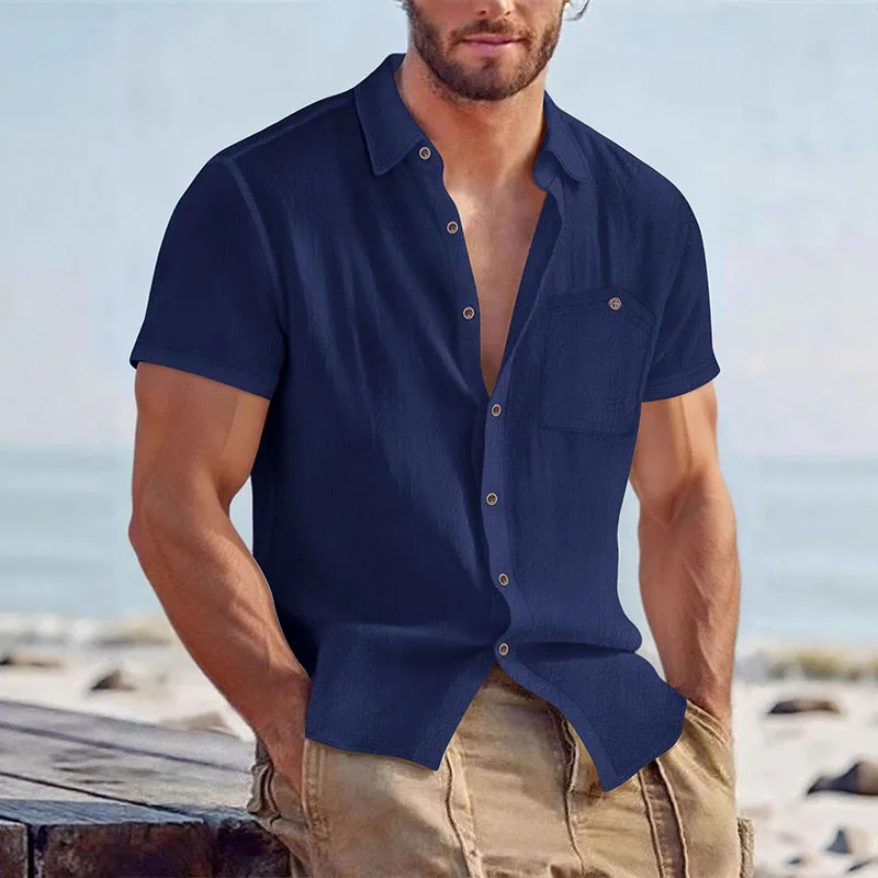 Herren Leinen-Mischgewebe Kurzarm-Hemd mit Knopfleiste, Lässiges Strandhemd mit Brusttasche, Atmungsaktives Leichtes Sommerhemd für Männer