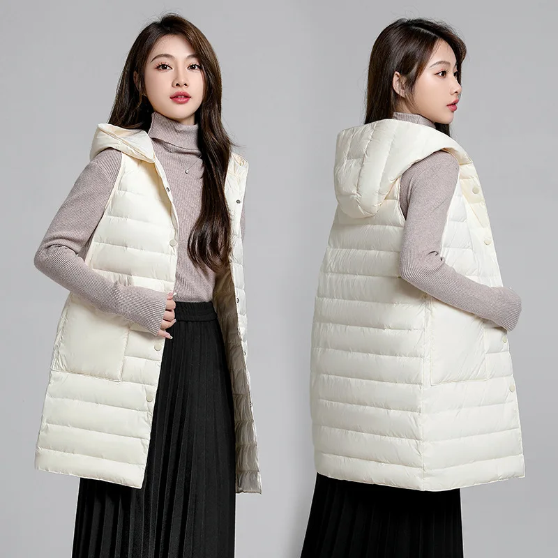 

New Autumn Winter Women Light Thin White Duck Down Waistcoat Coat Sleeveless Hooded Vest Jakcet Female Casual Long Tank Outwears