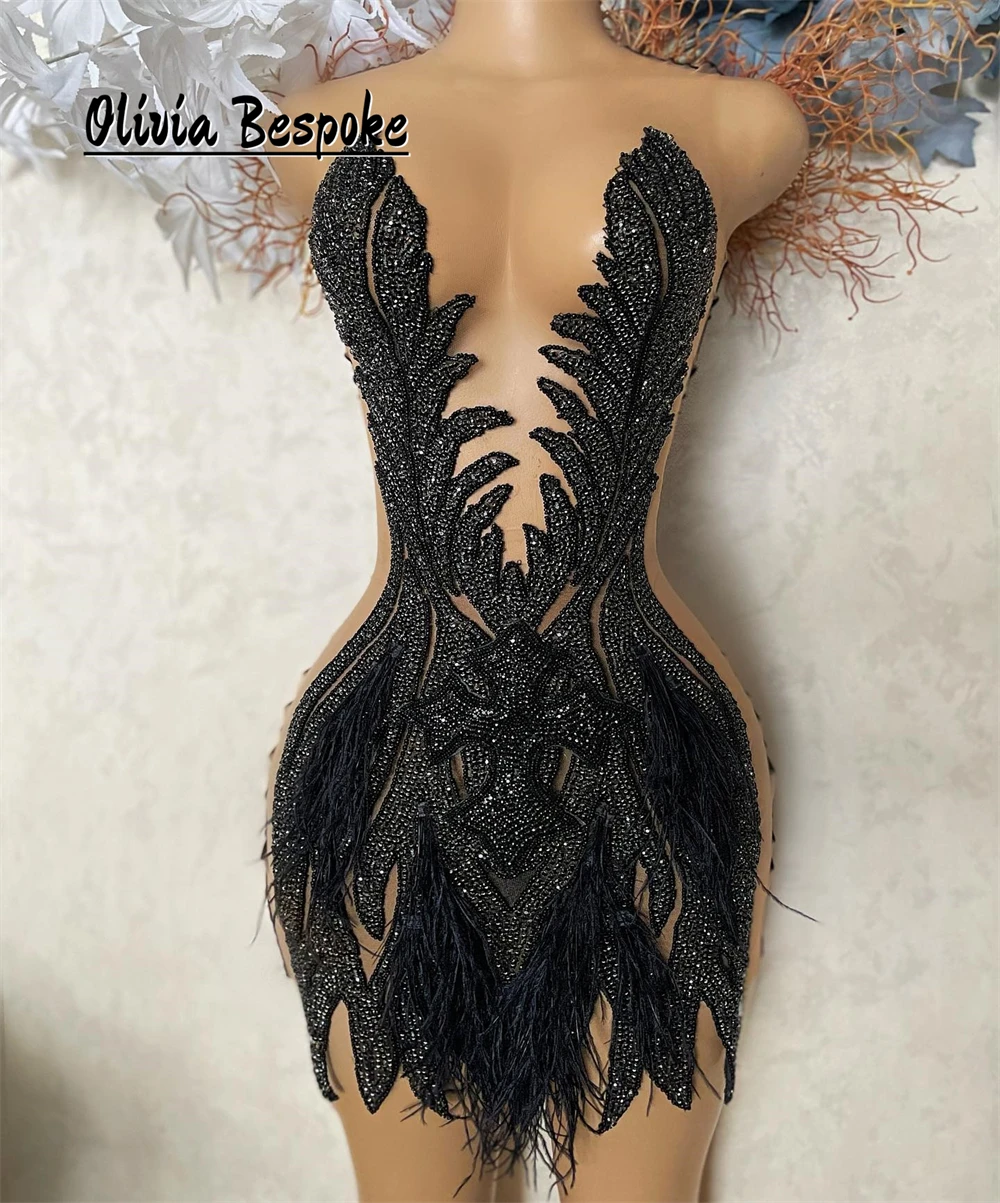 Elegant Black Feathers Prom Dresses 2024 Black Girls Beaded Rhinestones Mini Cocktail Homecoming Gowns Baddie Dress Customized