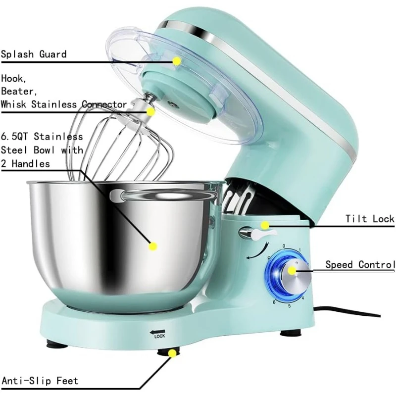 Stand Mixer,6.5-QT 660W 6-Speed Tilt-Head Food Mixer, Kitchen Electric Mixer with Dough Hook, Wire Whip & Beater (6.5QT, Blue)