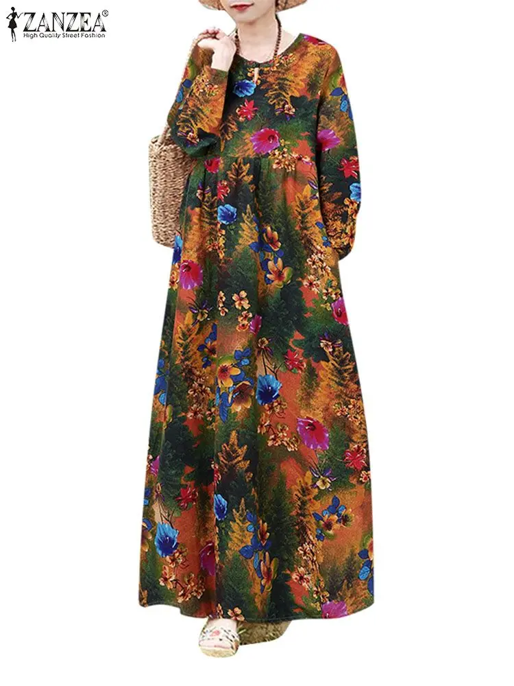 2024 Autumn Floral Printed Dresses ZANZEA Women Vintage Long Sleeve Baggy Sundress Robe Femme Stylish Holiday Vestidos Sarafans