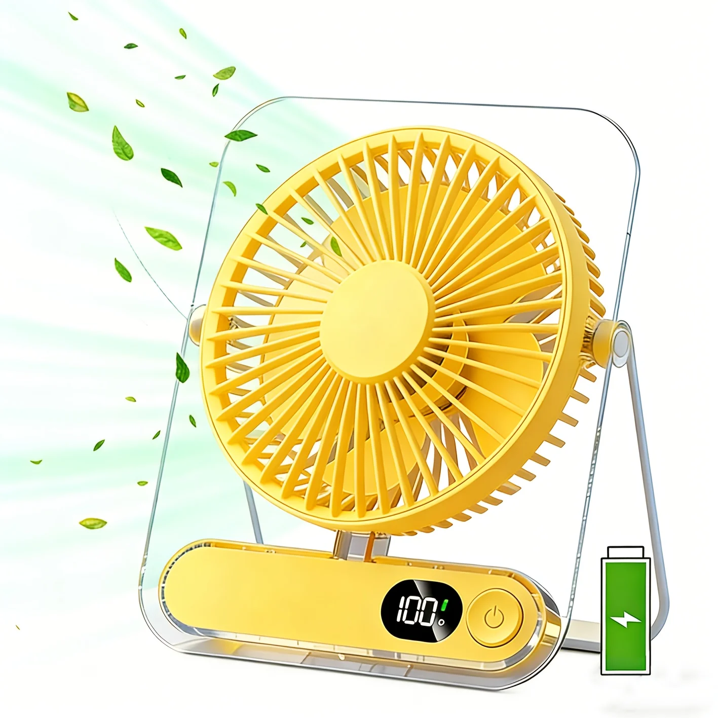 3000mAh USB Rechargeable Desk Fan, Acrylic, 5 Speeds Ultra-Quiet, 180° Foldable, Ideal for Home Office Travel & Gifting