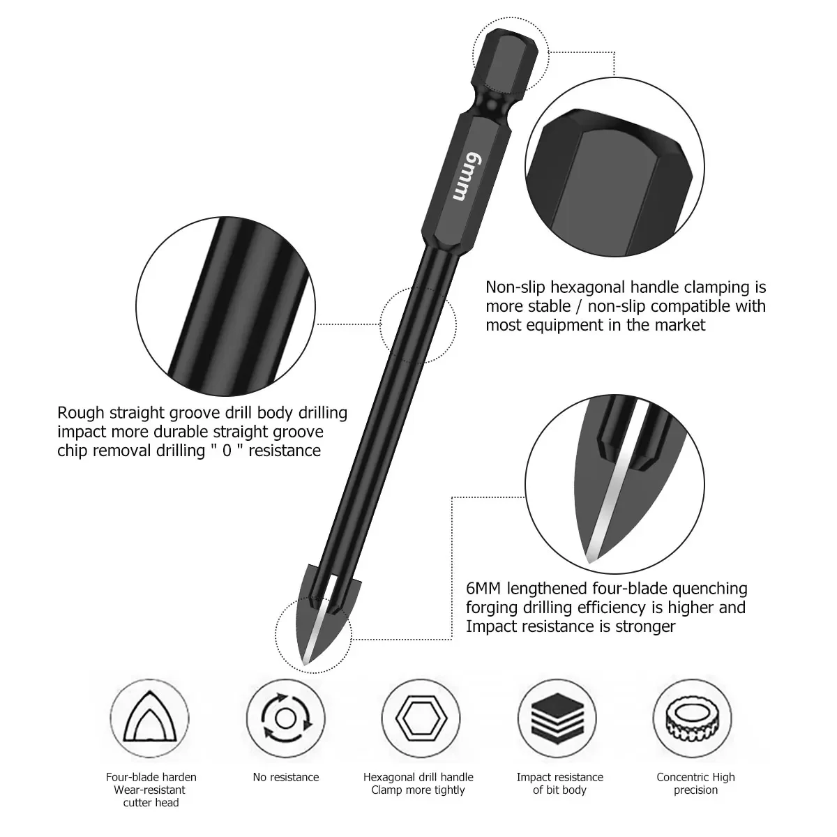 Cross Hex16ビットセット、多機能ツール、超硬ドリル、タイル、磁器、鏡用ツール、6mm、10個