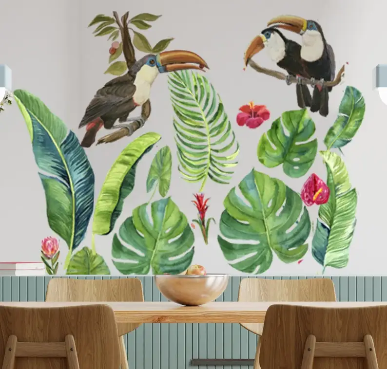 Green leaf wall decal Palm Leaf wall sticker Watercolor Tropical Leaves sticker Toucan wall decal Banana Leaf Wall Decals Jungle