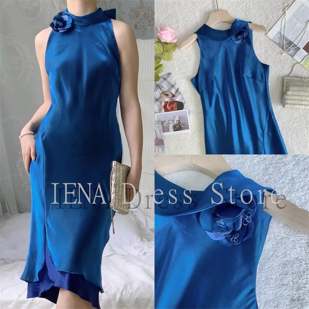 custom 14585# Elegant Halter Royal Blue Vintage British Three-dimensional Flowers Irregular Evening Dress Detachable Flowers