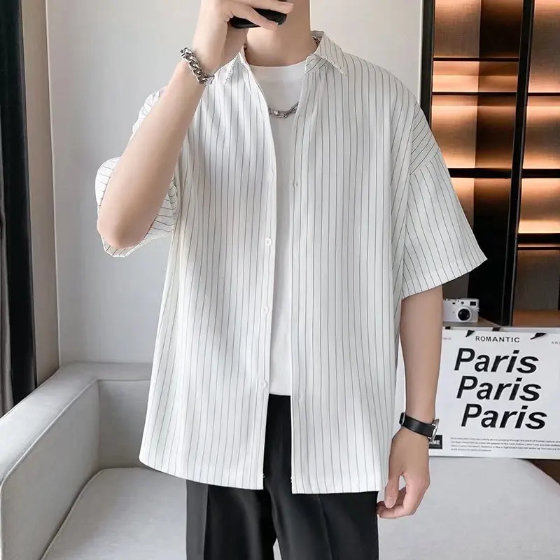 Striped Shirt men Japanese Casual Oversize Trend Black Unisex gothic Short Sleeved Blouses