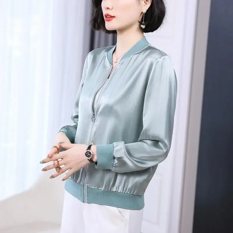 

Bomber Jackets Summer Stripe Faux Silk Cropped Chaqueta Casual Long Sleeves Tops Women Korean Fashion Zipper Cardigan E768