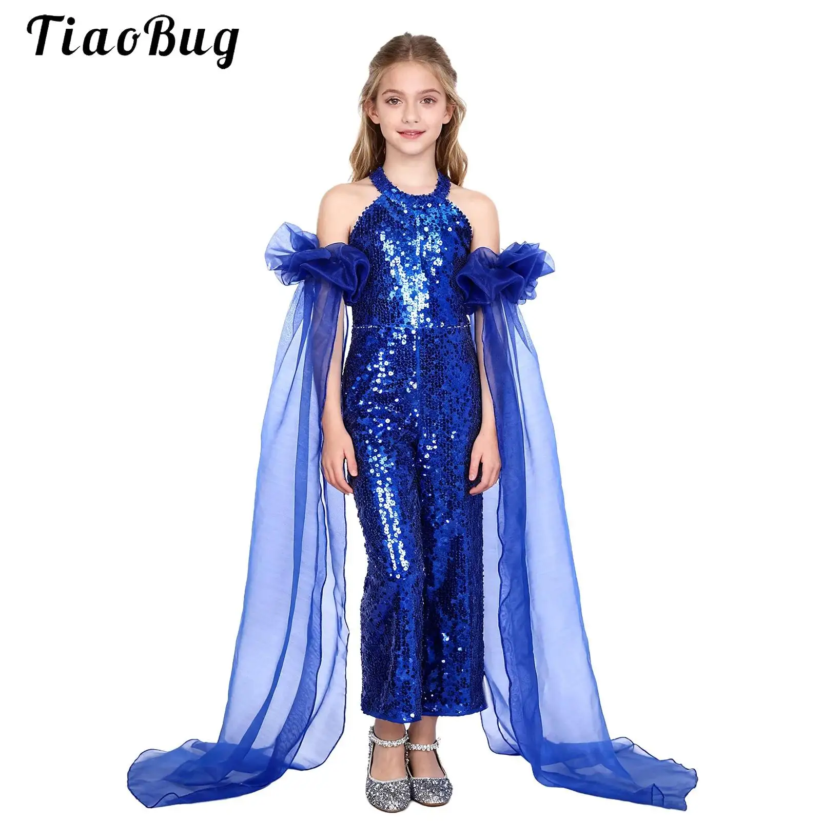 Kids Girls Shiny Sequin Pageant Rompers And Tulle Oversleeves Halter Neck Strappy Back Sleeveless Wide Leg Jumpsuit Party Gown