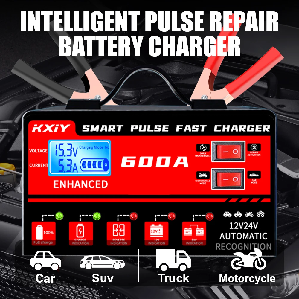 

Car Battery Charger Automatic Stop 12V 24V 600A Intelligent Pulse Repair Voltage Temperature Detection Digital LCD Display