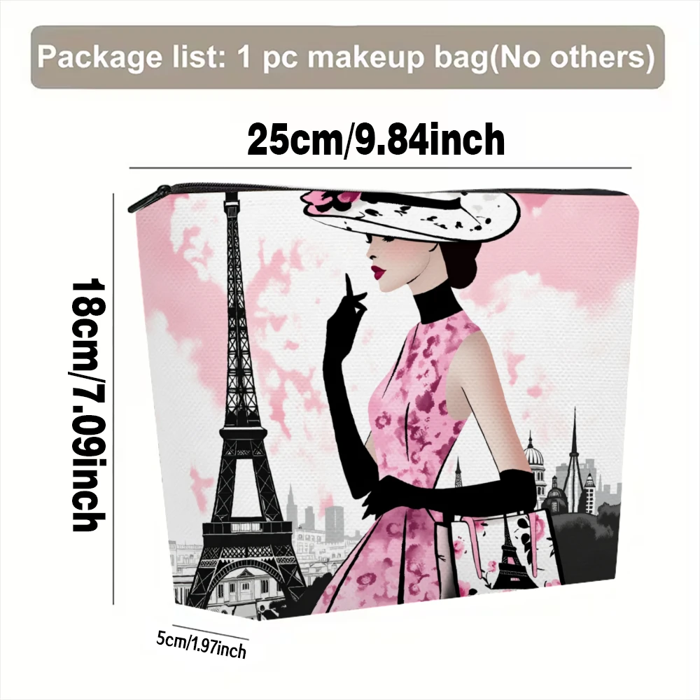 Parisian Woman Eiffel Tower Pink Dress Makeup Bags for Girls Cosmetic Pouch Toiletry Bag Pencil Case Travel Storage