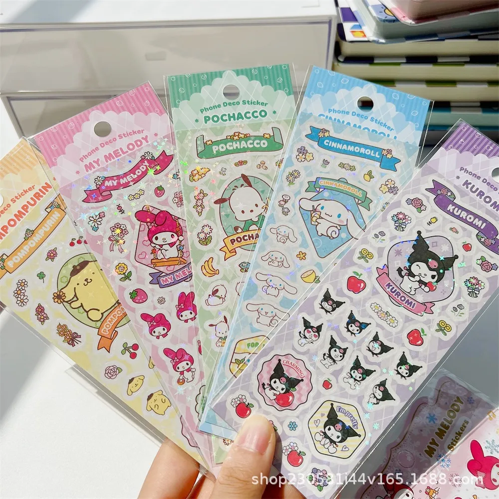 7 Stück niedliche Cartoon-Laser-Aufkleber, Hello Kitty, My Melody, Pochacco, Cinnamoroll, Kuromi, selbstklebend, DIY, Tagebuch, Sammelalbum, Telefondekoration – Detail 10