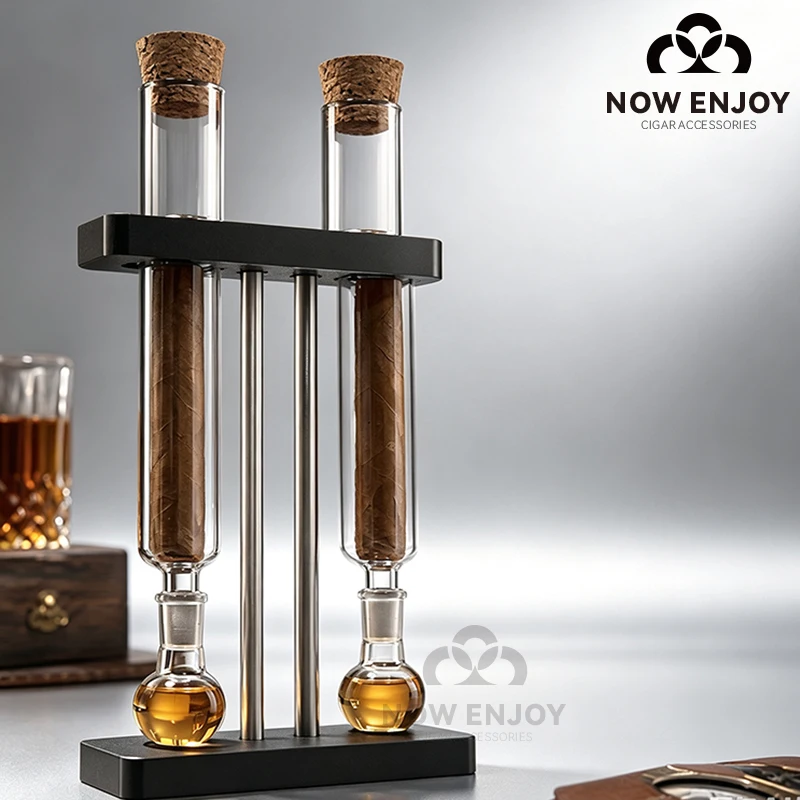 NOW ENJOY 1Set 3D Printing Cigar Display Stand Duble Tubes Clear Infuser Glass Tube Kit Plastic Base Aromatherapy Display Rack