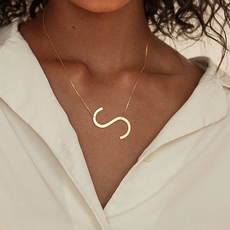 Large Initial Necklace 100% Stainless Steel Jewelry Big Letter Necklace A-Z Gold Color Necklace Monogram Necklace Gifts