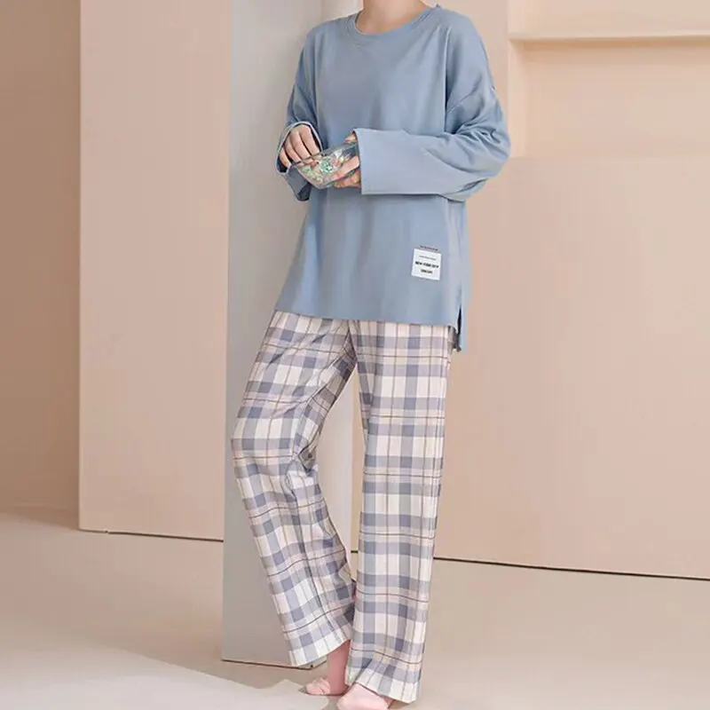 여성 잠옷 야영 블루 L XL XXL 긴 소매 및 격자 무늬 바지 세트 캐주얼