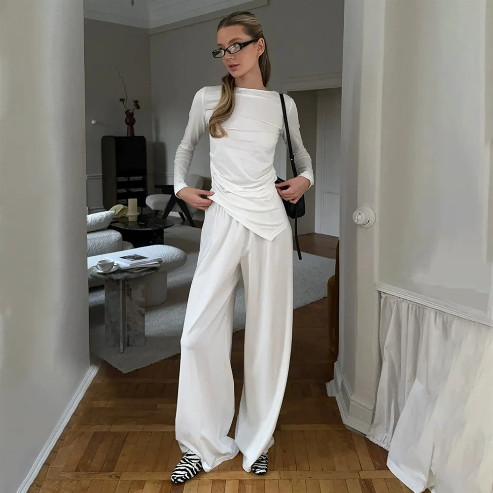 

Apprabant Wide Legs Pants Pajama Set Women's Irregular Round Neck Long Sleeved T-shirt Causal Loose Trousers Homewear Streetwear