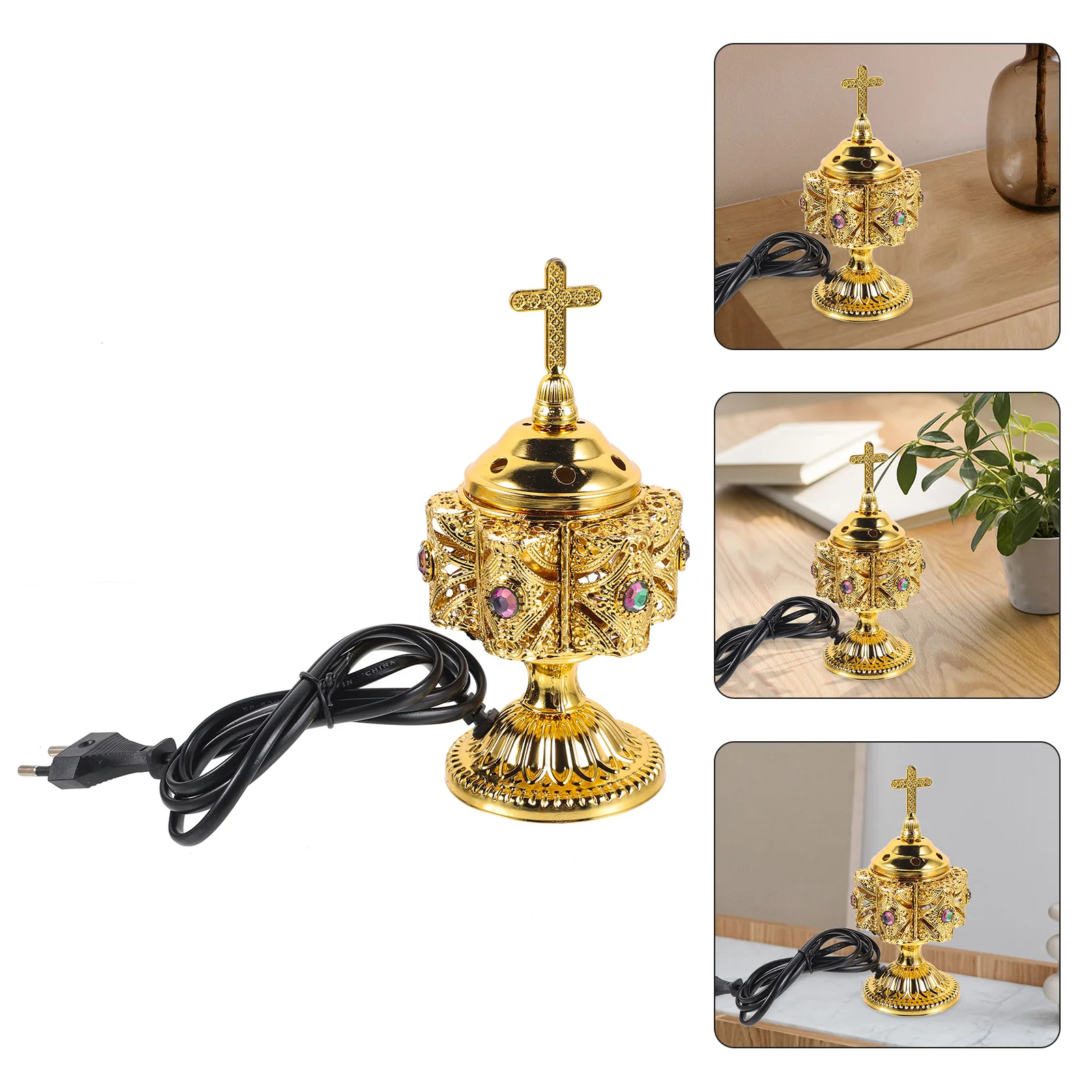 

Plug in Metal Incense Holder Retro Hollow Censer Cone Incense Burner Aromatherapy Desktop Decoration Indoor Ornament