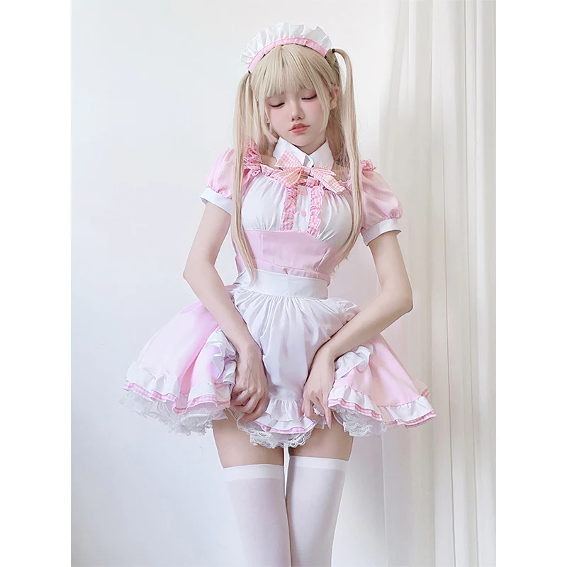 Leuke mooie meid geruite kostuum zacht meisje Halloween gotische serveerster zoete roze jurk kat mode casual Lolita jurk meid kostuum