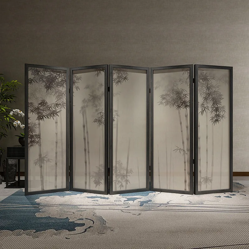 Solid wood folding screen partitions for living rooms, hotels, and office decorations, featuring new Chinese tea room semi-trans