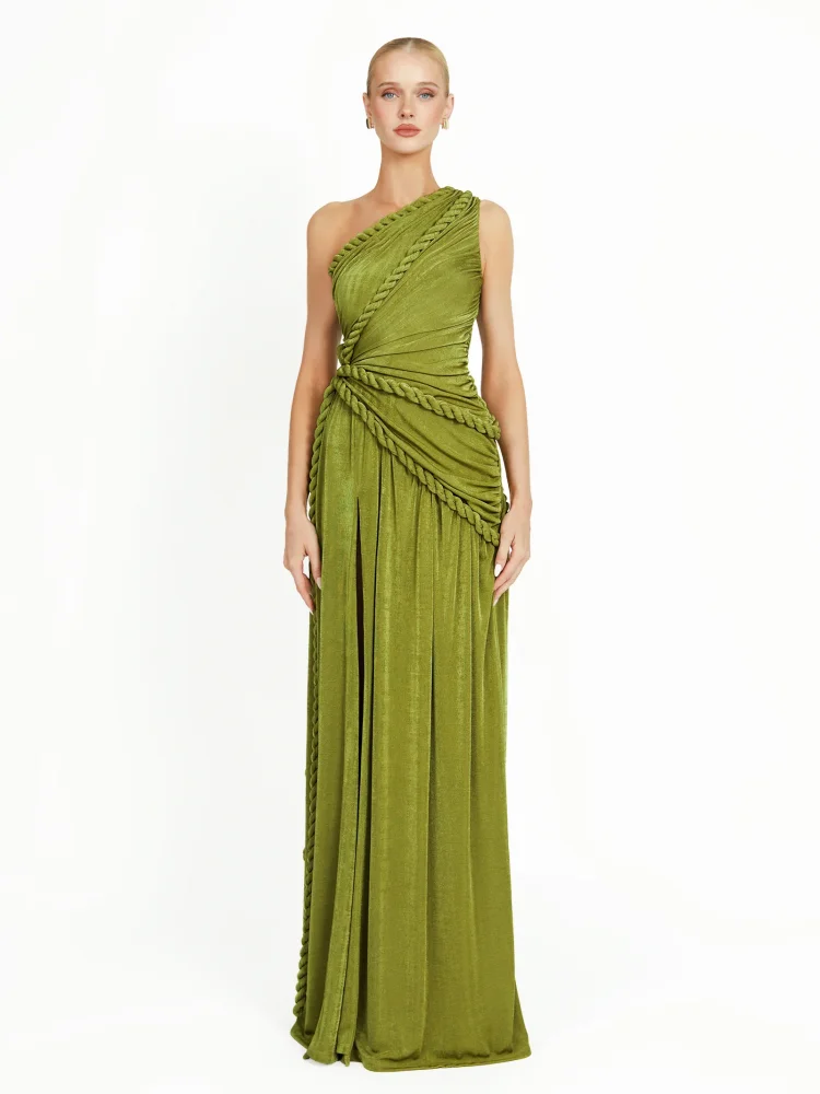 Sexy One Shoulder Twist Patchwork Long Dress Women Green Sleeveless Velvet Split Folds Bodycon Celebrity Evening Party Dresses