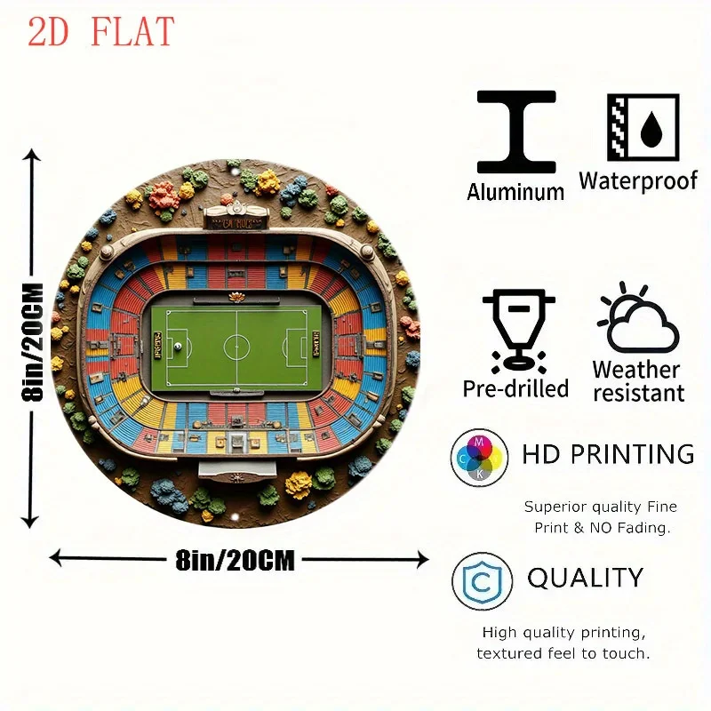 2D Flat Round 1pc Soccer Stadium Model Replica - 8-Inch Aluminum Metal Wall Art with Color-Coded Seating, Numbered 1-10 Goals &