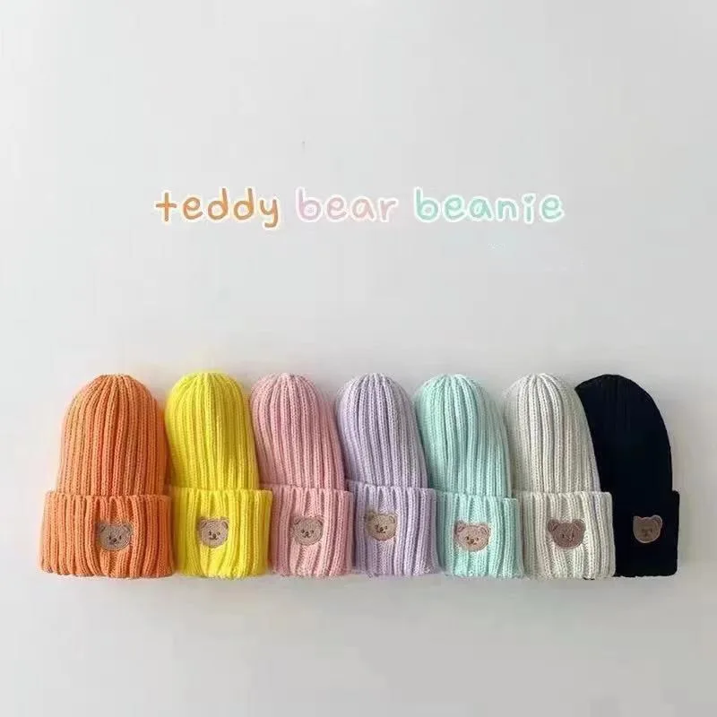 Toddler Baby Knitted Hats Boys And Girls Warm Caps Spring Autumn And Winter Cute Little Bear Embroidered Children\'s Hats