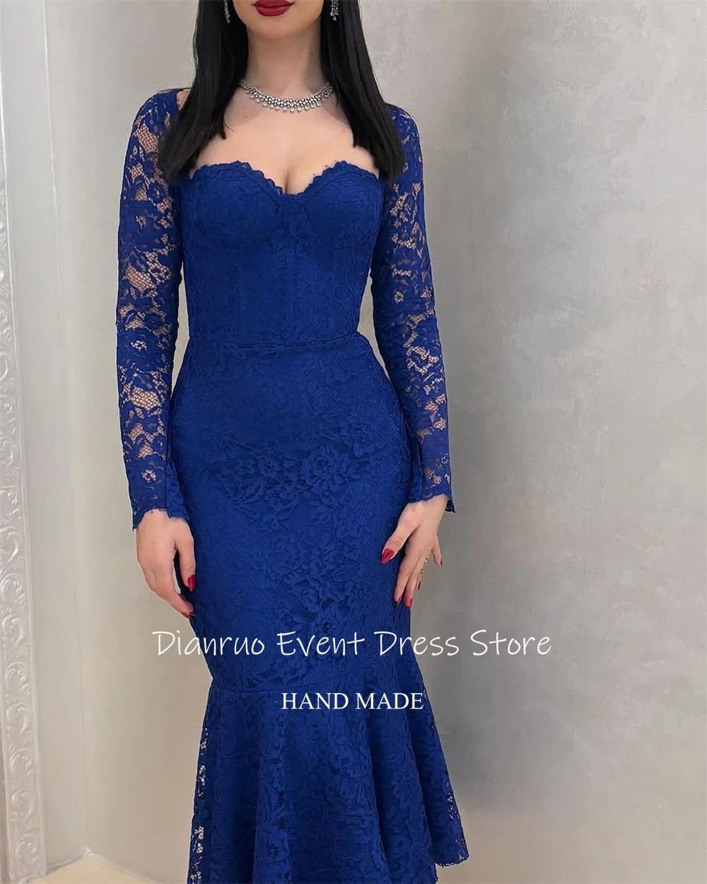 Dianruo Blauwe Lange Mouwen Avondjurken Zeemeermin Applicaties Vestidos De Fiesta Sweetheart Kant Saudi Arabische Prom Gown Aangepast