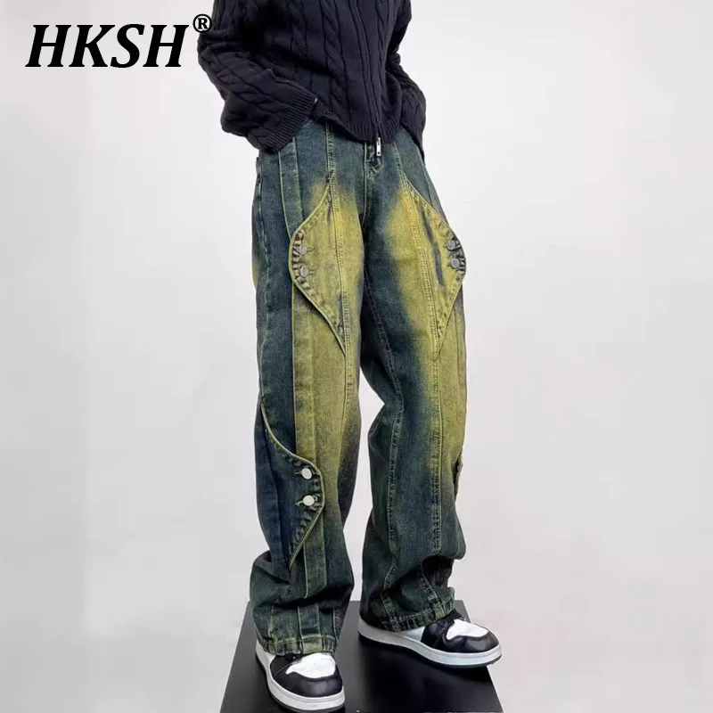 

HKSH American Vintage High Street Gradient Personalized Button Jeans Men's Tide Punk Women's Casual Fashion Denim Pants HK1206