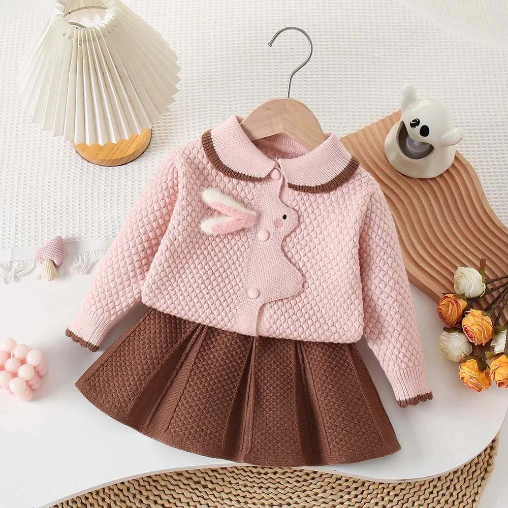 Children\'s Clothing Sets Three-dimensional Rabbit Knitted Cardigan + Pleated Skirt Baby Girl Winter Clothes Knit Sweater