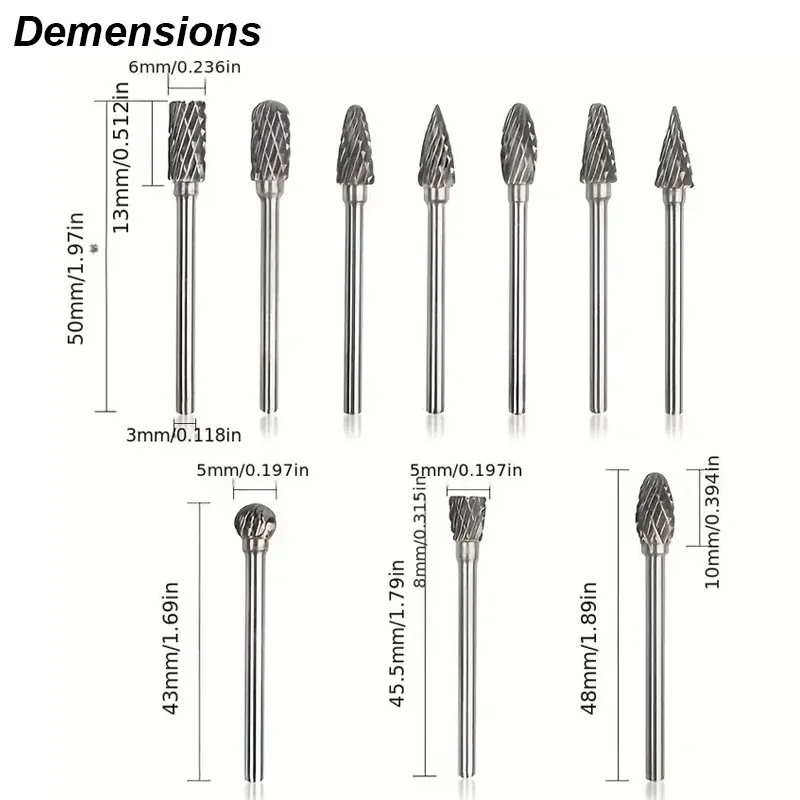 Set di frese in carburo di tungsteno Kit di frese File Raspa Carve Incisione di metallo Legno Alluminio Plastica Pietra Utensile rotante Trapano