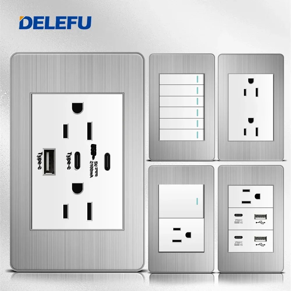 DELEFU White Stainless Steel panel Mexico Standard Type C America Outlet Plug 118*72mm Wall Socket Light Switch Fast Charge