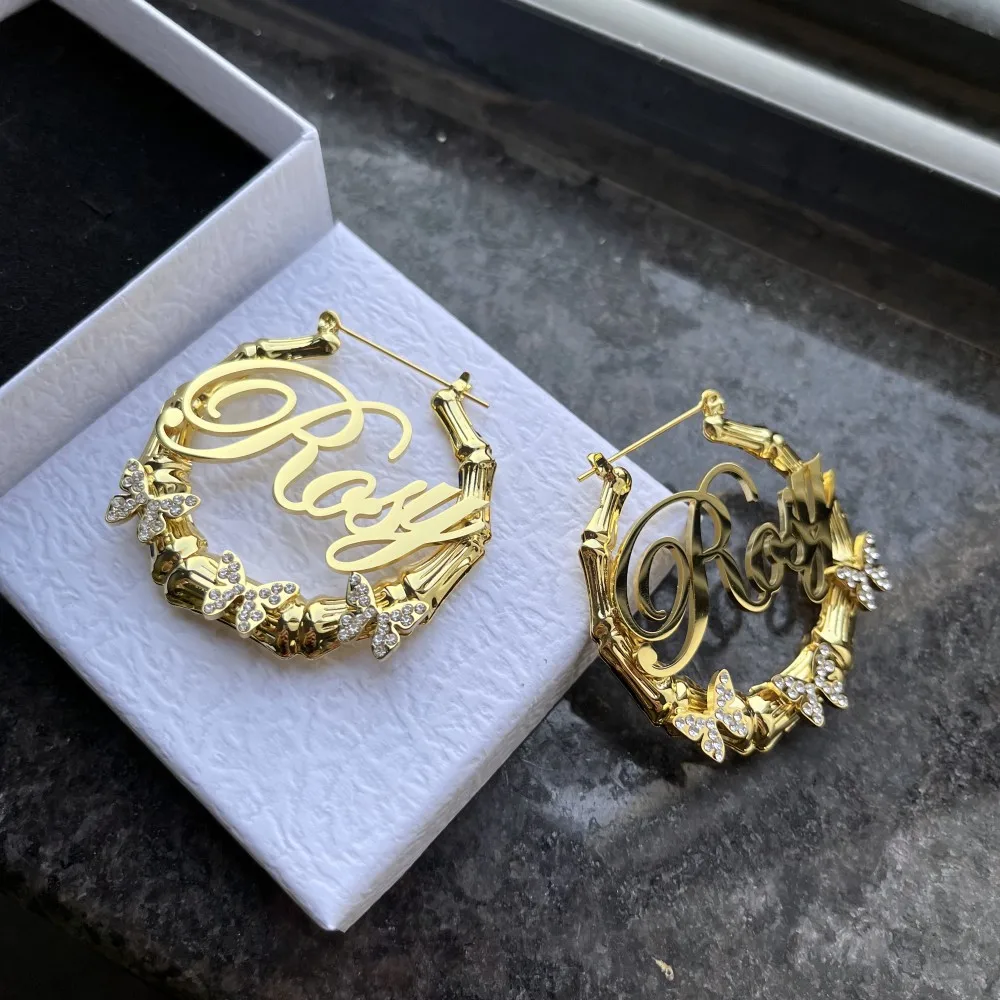 DUOYING Custom Name Bamboo Earrings Personalized Stainless Steel Letter Butterfly Diamond Hoop Earring Sexy Jewelry For Women