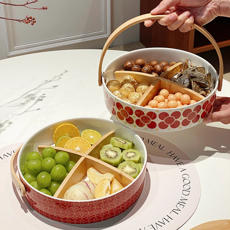 Simple Style Printed Chinese-Style Festive Ceramic Fruit Plate With Split Dried Fruit Plate Storage Box With Lid Candy Snacks