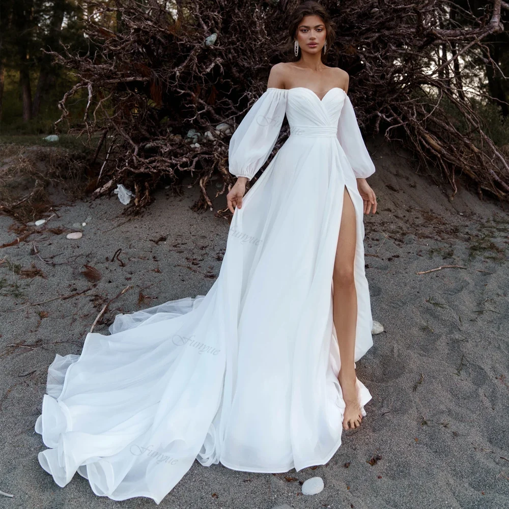 

Ciynsia Customized Beach Wedding Dress Sweetheart A-Line Chiffon Off the Shouler Bride Gowns Puff Sleeves Sexy Vestidos De Novia