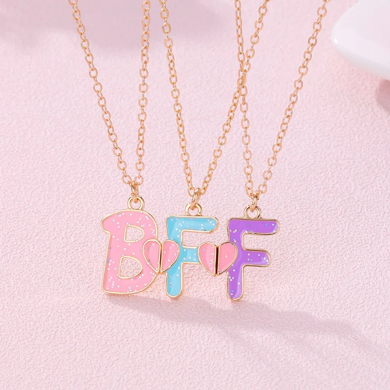 Lovecryst 3Pcs/set Colorful Glitter Pendant BFF Letter Magnetic Necklaces for 3 Kids Girls Friendship Children Jewelry Gifts