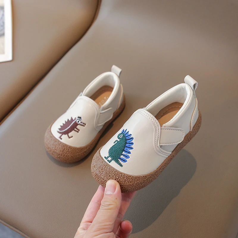 Toddler Walking Shoes Spring Autumn Anti Slip Korean Style Boys Steady Shoes Cartoon Embroidery Velcro Children's Leather Shoes
