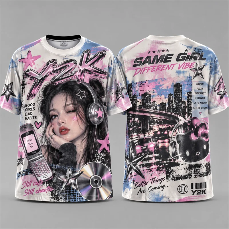 Y2K Retro Girl Graphic T Shirt Pink Aesthetic City Music Collage 3D Print Short Sleeve Streetwear Summer Casual Tee Top