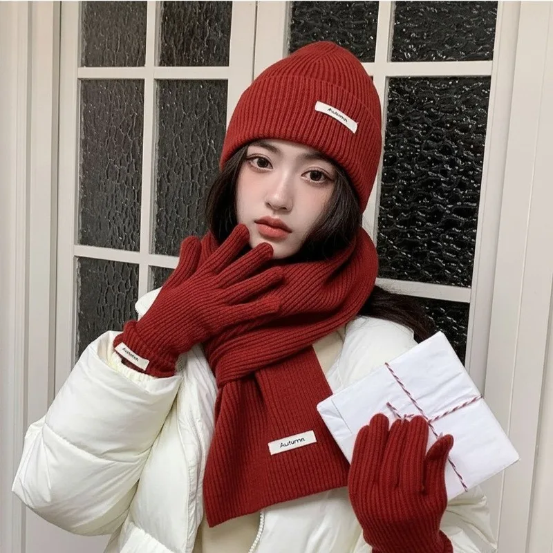 Winter Warm Knitted Hat Scarf Gloves Women's Windproof Adult Three-piece Set Scarves Solid Color Fashion Korean Hats for Women
