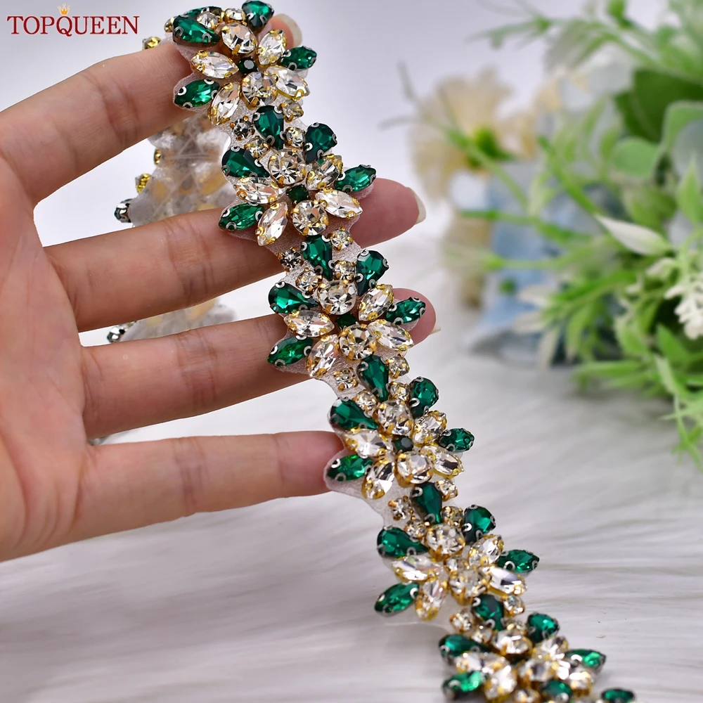 TOPQUEEN Handmade Wedding Belt Gold Green Diamond Bridal Sash Women\'s Stone Belt for Evening Gown Waist Strap S269-KL