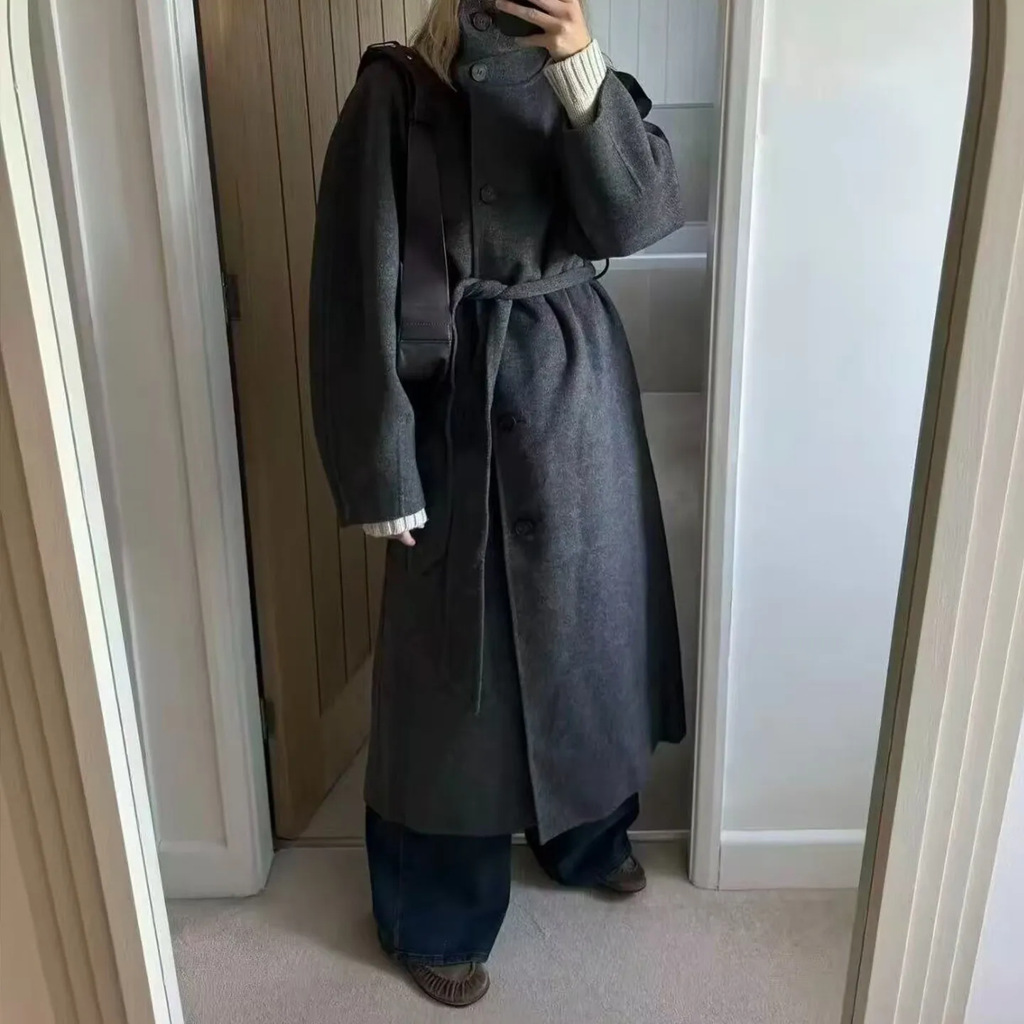 Faionable Long Woolen Coat Women's Personali Stand Collar Belted Waist Long Sve Casual Sle Winter New Arrival