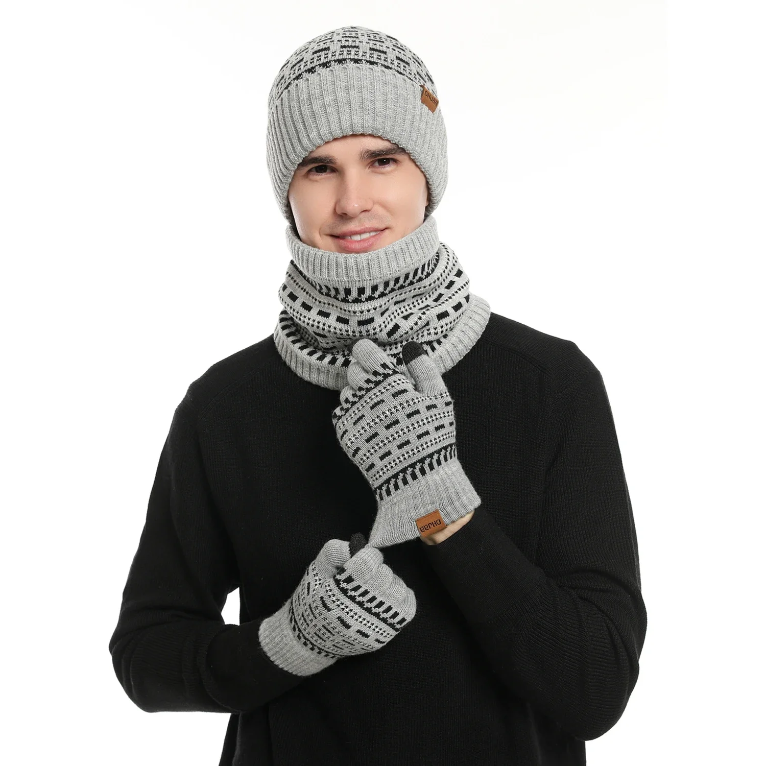 Мужской зимний теплый комплект унисекс, облегающая шапка с пальцами, перчатки, флисовый подкладочный шарф, Мужская шерстяная пряжа, вязаный глушитель, шея, гетры, шапка